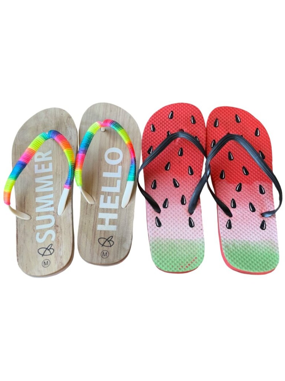 RANDOM Set of 2 Watermelon Print & Multicolored Summer Flip-Flops Women's Size M